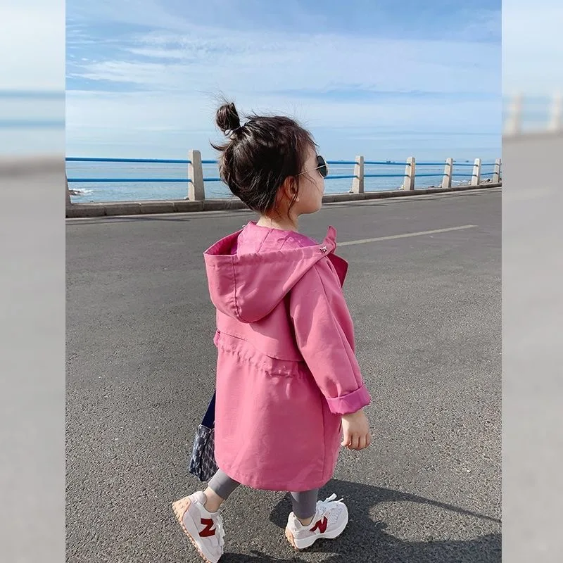 2025 Hot Selling Spring Autumn Girls Coat Long Style Waist Retractable Hoodies Windbreaker Jacket For 3-12 Years Old Kids