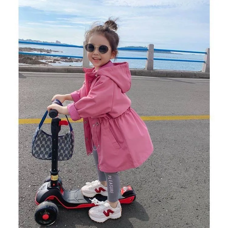 2025 Hot Selling Spring Autumn Girls Coat Long Style Waist Retractable Hoodies Windbreaker Jacket For 3-12 Years Old Kids