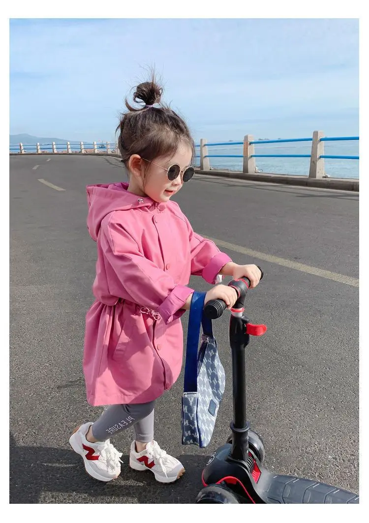 2025 Hot Selling Spring Autumn Girls Coat Long Style Waist Retractable Hoodies Windbreaker Jacket For 3-12 Years Old Kids