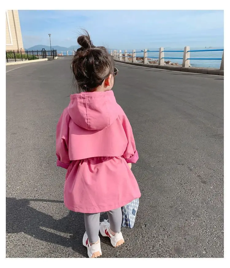 2025 Hot Selling Spring Autumn Girls Coat Long Style Waist Retractable Hoodies Windbreaker Jacket For 3-12 Years Old Kids