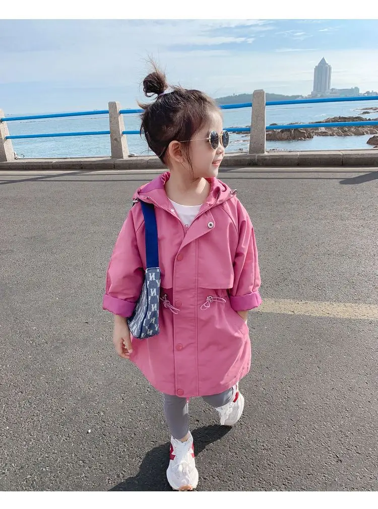 2025 Hot Selling Spring Autumn Girls Coat Long Style Waist Retractable Hoodies Windbreaker Jacket For 3-12 Years Old Kids