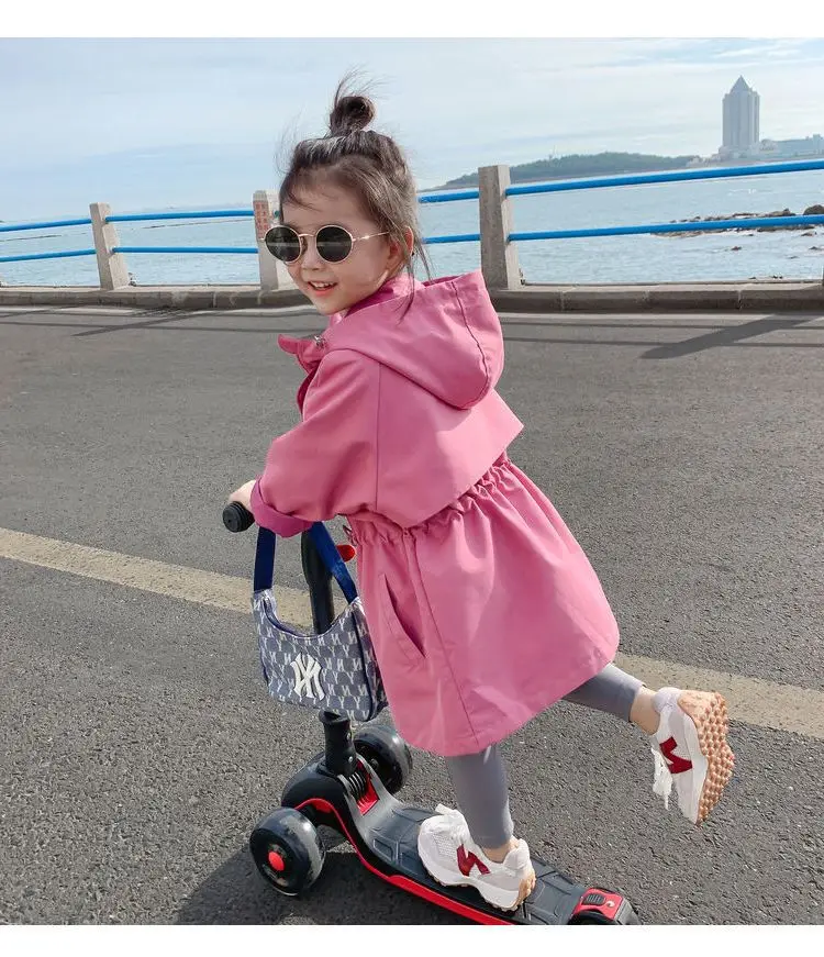 2025 Hot Selling Spring Autumn Girls Coat Long Style Waist Retractable Hoodies Windbreaker Jacket For 3-12 Years Old Kids