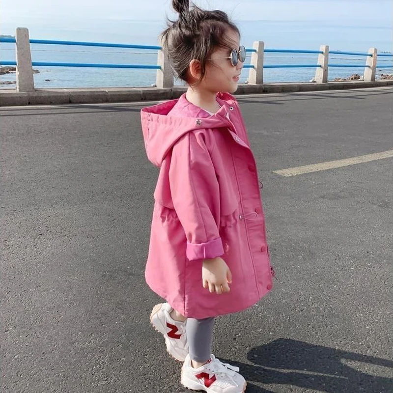 2025 Hot Selling Spring Autumn Girls Coat Long Style Waist Retractable Hoodies Windbreaker Jacket For 3-12 Years Old Kids