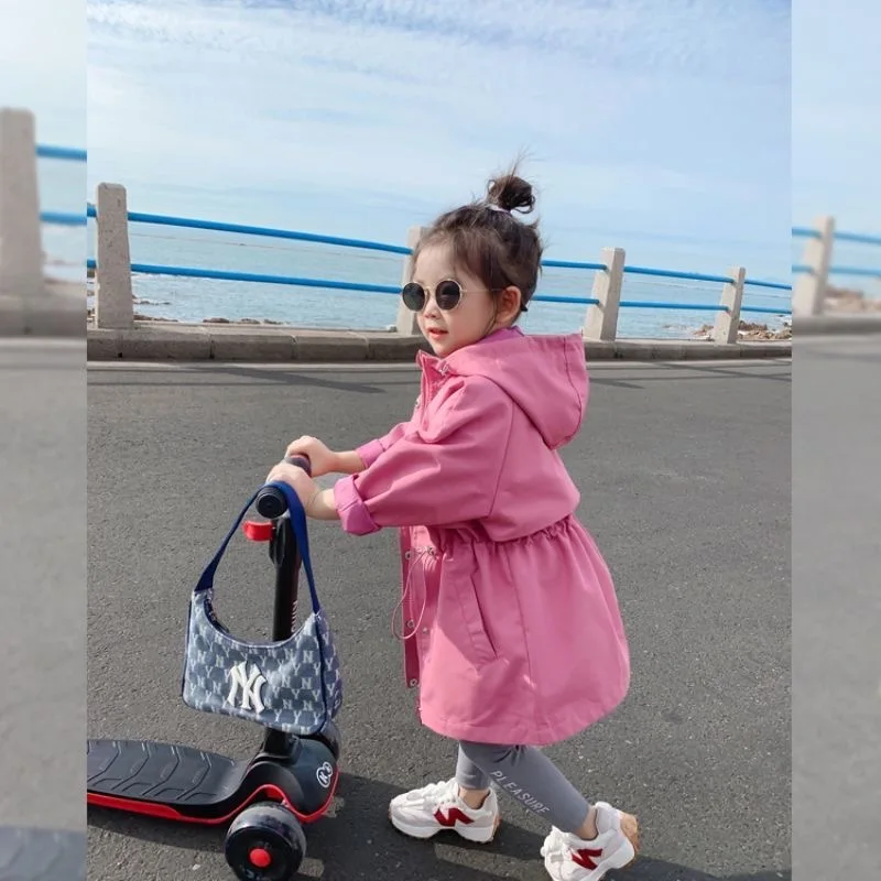 2025 Hot Selling Spring Autumn Girls Coat Long Style Waist Retractable Hoodies Windbreaker Jacket For 3-12 Years Old Kids
