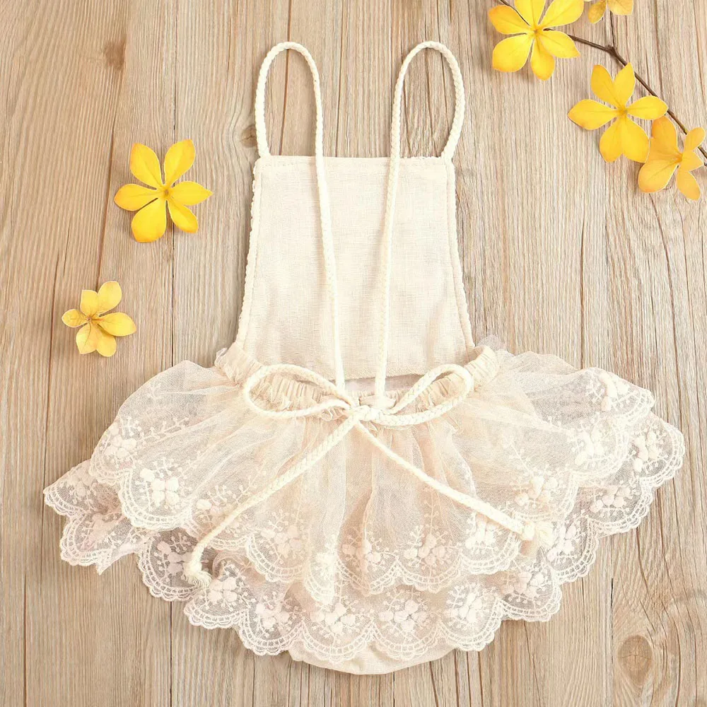 Summer Square Collar Cute Baby Girls Bodysuits Lace Flowers Print Sleeveless Lovely Jumpsuits Infants Kids Strappy romper