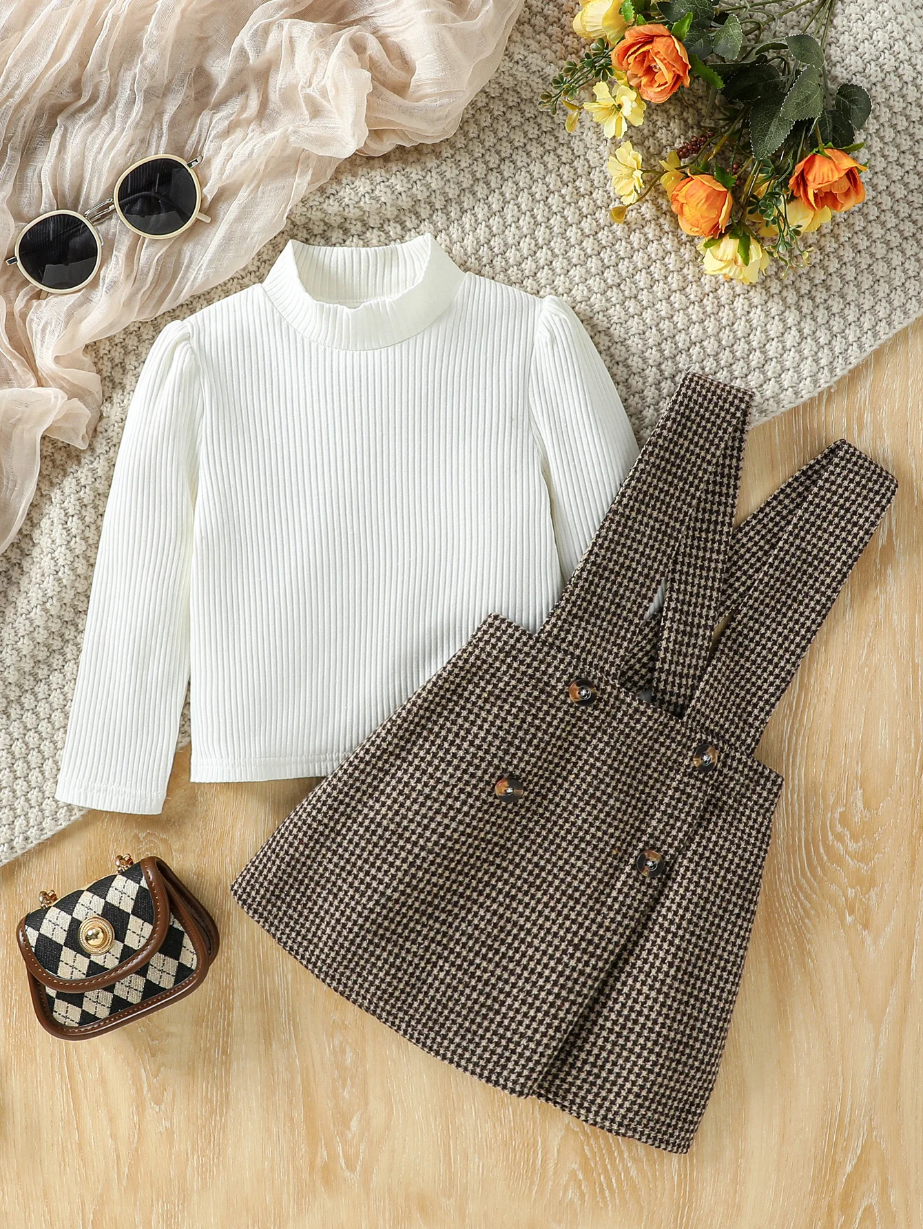 2-6 Years Kid Girl Solid Long Sleeve Top &Plaid Strap Skirt Set Fashion Cute All Match Wear Autumn Winter Party Outifit Clothes