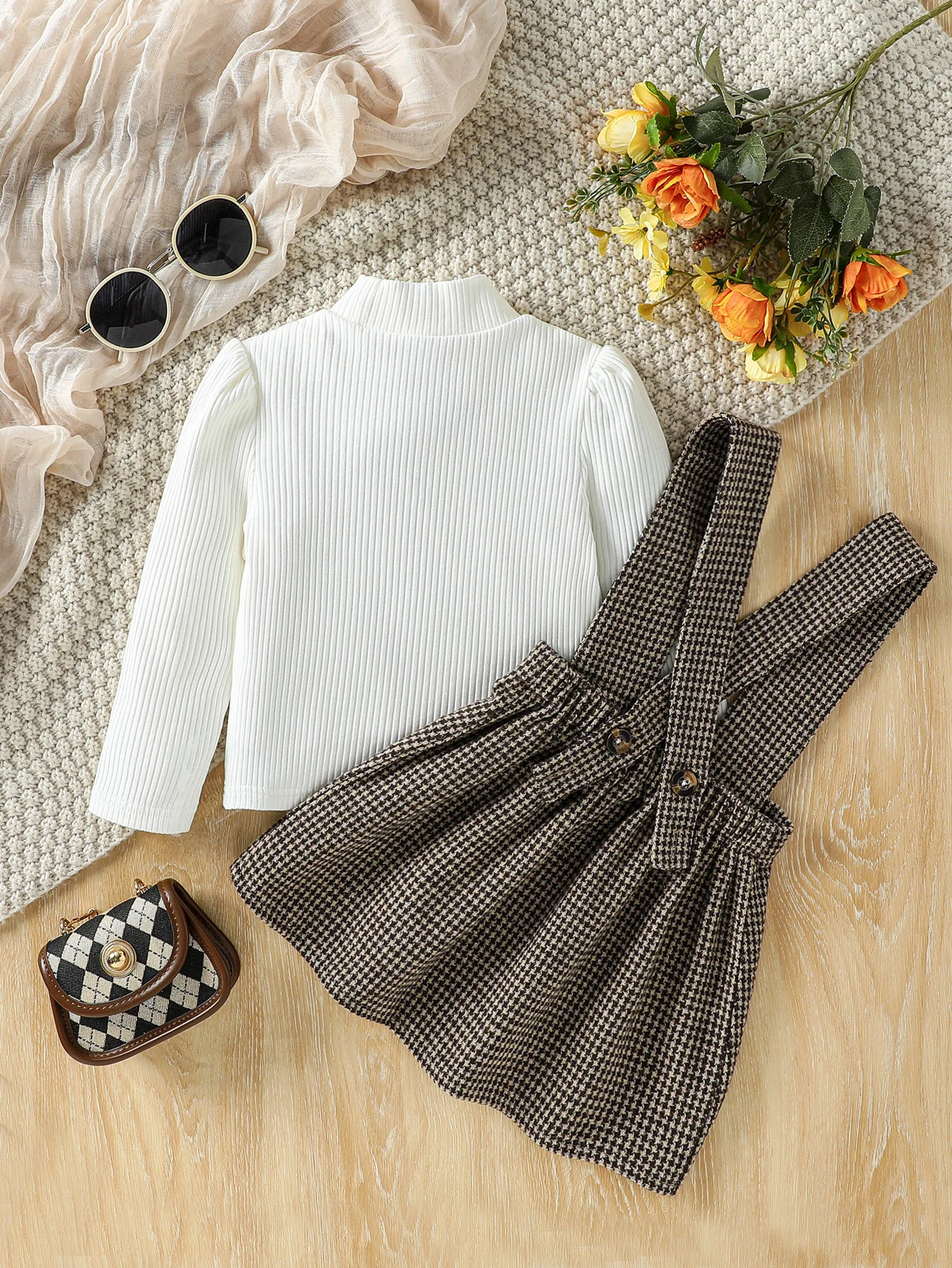 2-6 Years Kid Girl Solid Long Sleeve Top &Plaid Strap Skirt Set Fashion Cute All Match Wear Autumn Winter Party Outifit Clothes