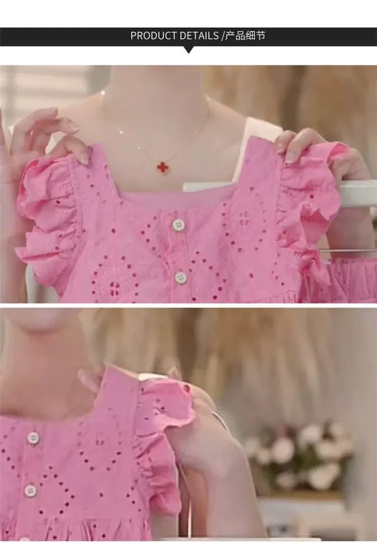 New Korean Style Girls' Summer Pink Cotton Suit Baby Hollow Small Flying Sleeve Top + Shorts Two-Piece Sweet Baby Girl Suit
