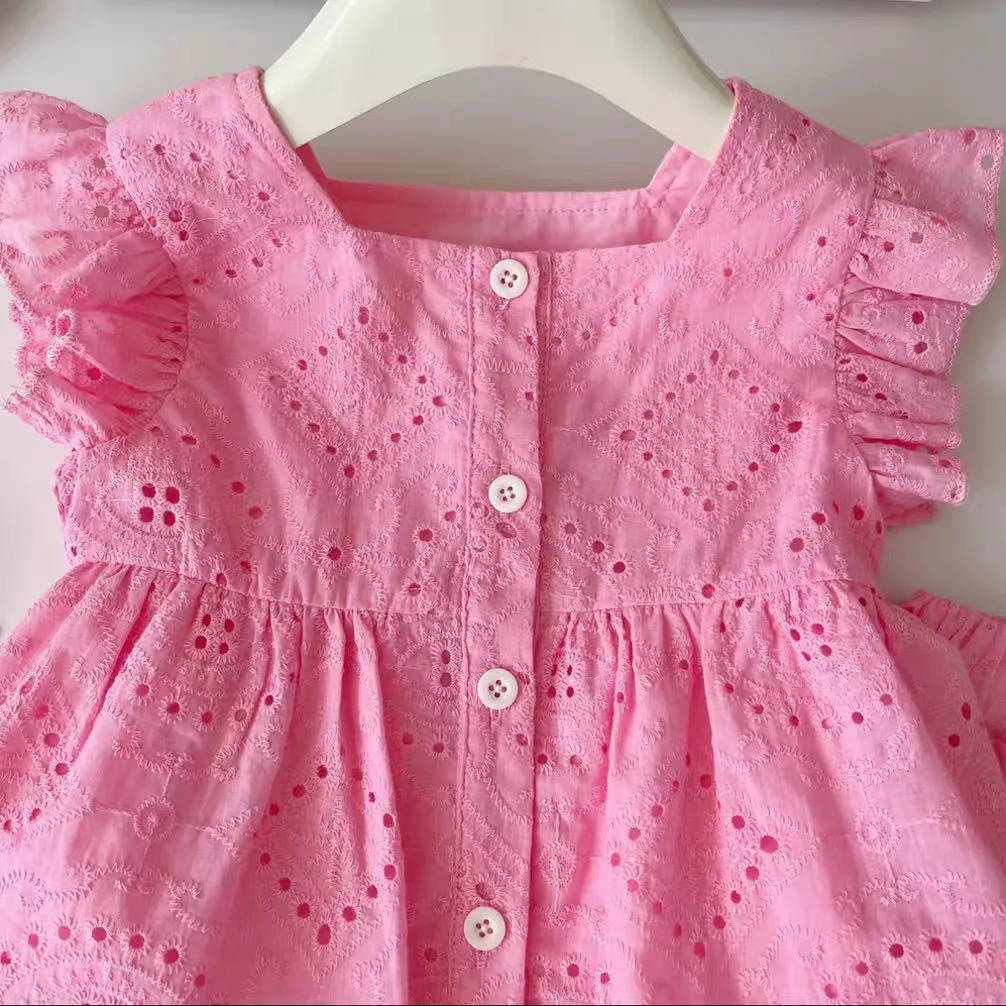 New Korean Style Girls' Summer Pink Cotton Suit Baby Hollow Small Flying Sleeve Top + Shorts Two-Piece Sweet Baby Girl Suit