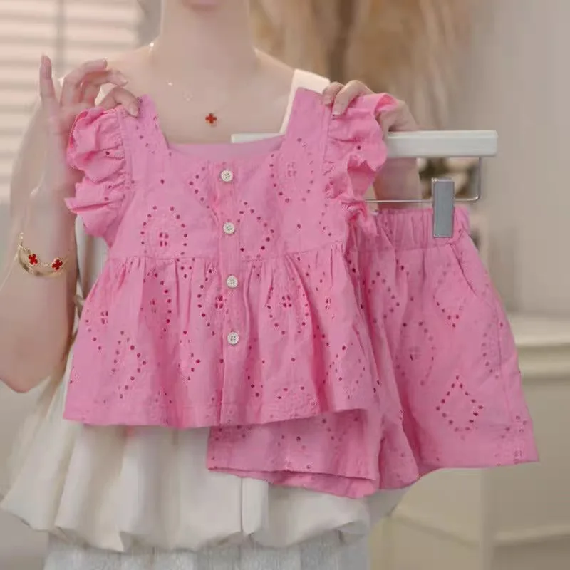 New Korean Style Girls' Summer Pink Cotton Suit Baby Hollow Small Flying Sleeve Top + Shorts Two-Piece Sweet Baby Girl Suit