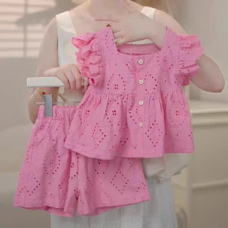 New Korean Style Girls' Summer Pink Cotton Suit Baby Hollow Small Flying Sleeve Top + Shorts Two-Piece Sweet Baby Girl Suit