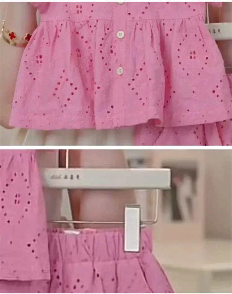 New Korean Style Girls' Summer Pink Cotton Suit Baby Hollow Small Flying Sleeve Top + Shorts Two-Piece Sweet Baby Girl Suit