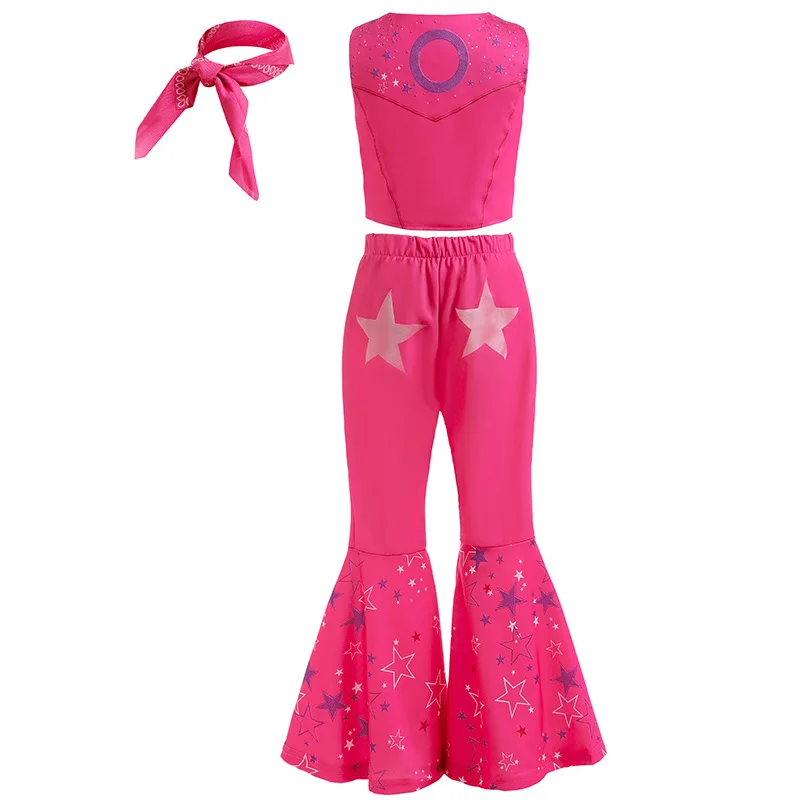 Cow Girls Dress up Movie Heroine Inspired Sweet Doll Girl Carnival Pink Cowboy Costume Vest+Flared Pants+Bandana Street Outfit