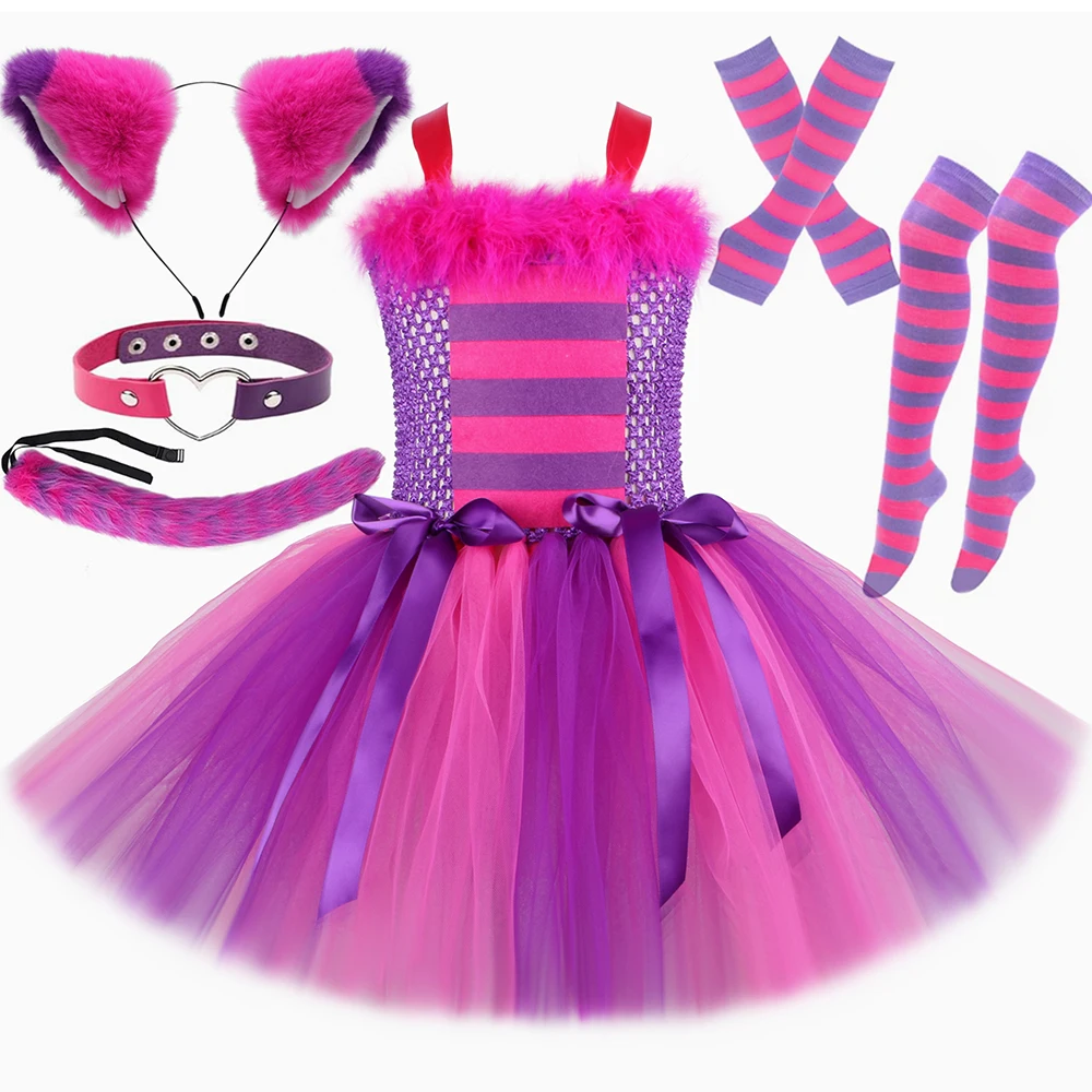 Girls Cat Costume Hot Pink Purple Cartoon Magic Striped Cat Tutu Dress Toddler Kids Halloween Carnival Party Dress Up Outfits