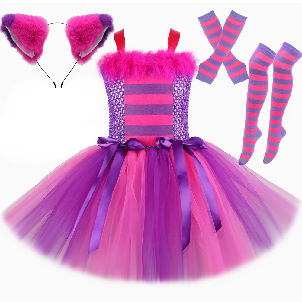 Girls Cat Costume Hot Pink Purple Cartoon Magic Striped Cat Tutu Dress Toddler Kids Halloween Carnival Party Dress Up Outfits