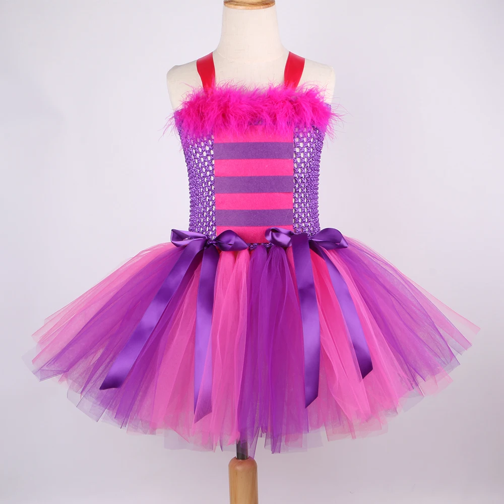 Girls Cat Costume Hot Pink Purple Cartoon Magic Striped Cat Tutu Dress Toddler Kids Halloween Carnival Party Dress Up Outfits