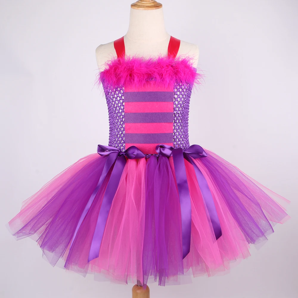 Girls Cat Costume Hot Pink Purple Cartoon Magic Striped Cat Tutu Dress Toddler Kids Halloween Carnival Party Dress Up Outfits