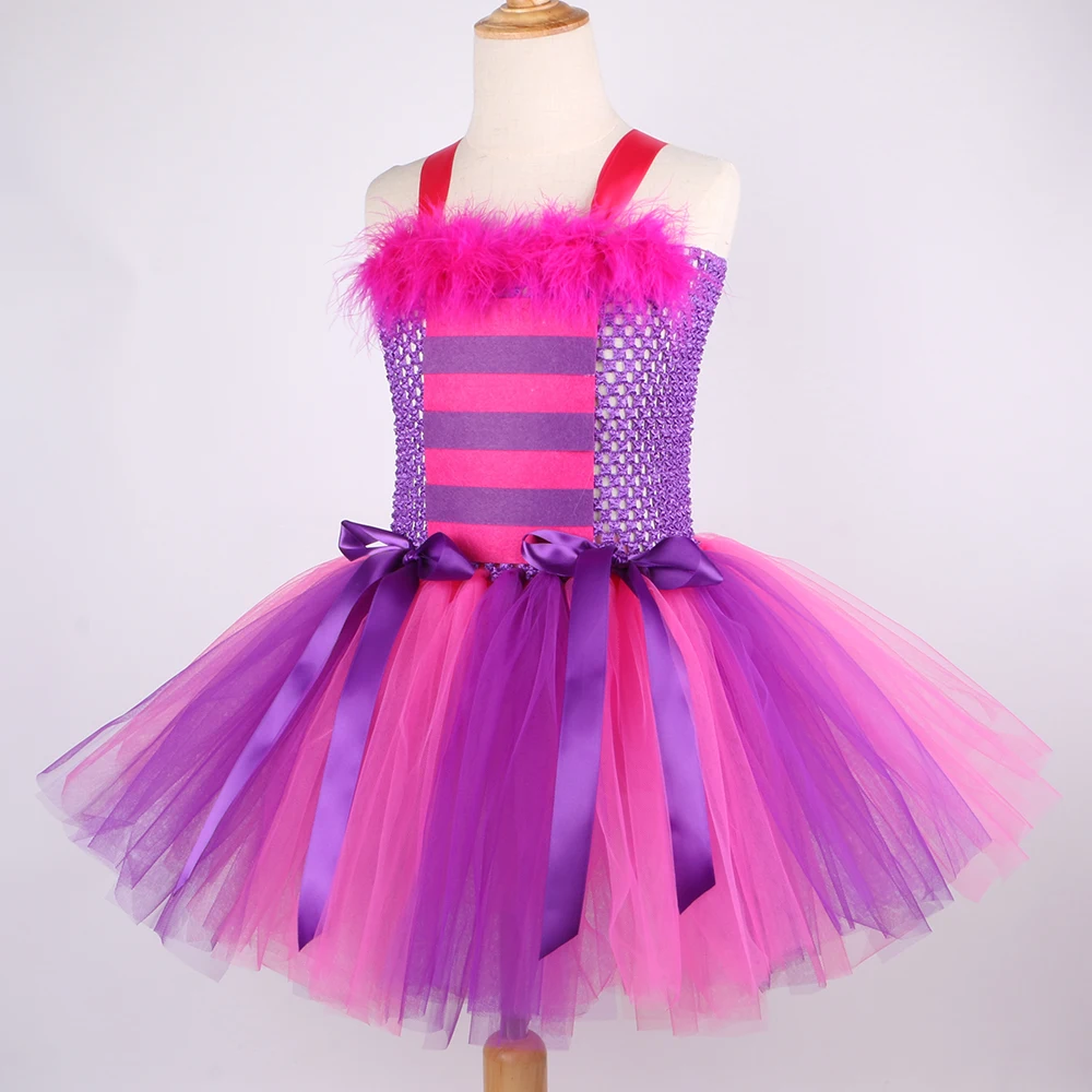 Girls Cat Costume Hot Pink Purple Cartoon Magic Striped Cat Tutu Dress Toddler Kids Halloween Carnival Party Dress Up Outfits