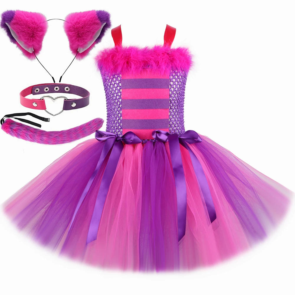 Girls Cat Costume Hot Pink Purple Cartoon Magic Striped Cat Tutu Dress Toddler Kids Halloween Carnival Party Dress Up Outfits