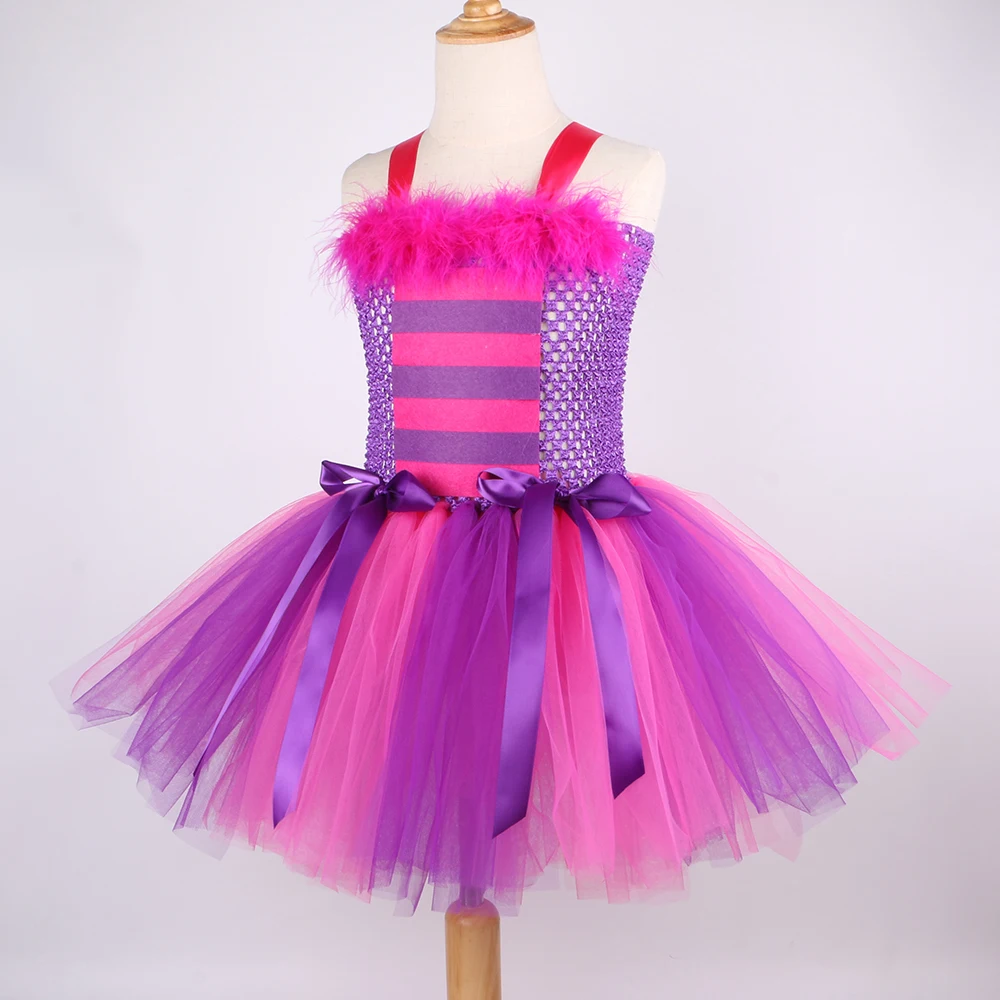 Girls Cat Costume Hot Pink Purple Cartoon Magic Striped Cat Tutu Dress Toddler Kids Halloween Carnival Party Dress Up Outfits