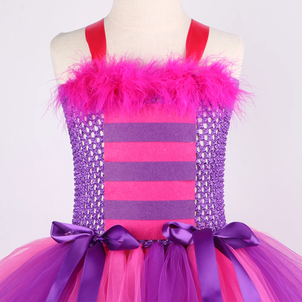 Girls Cat Costume Hot Pink Purple Cartoon Magic Striped Cat Tutu Dress Toddler Kids Halloween Carnival Party Dress Up Outfits
