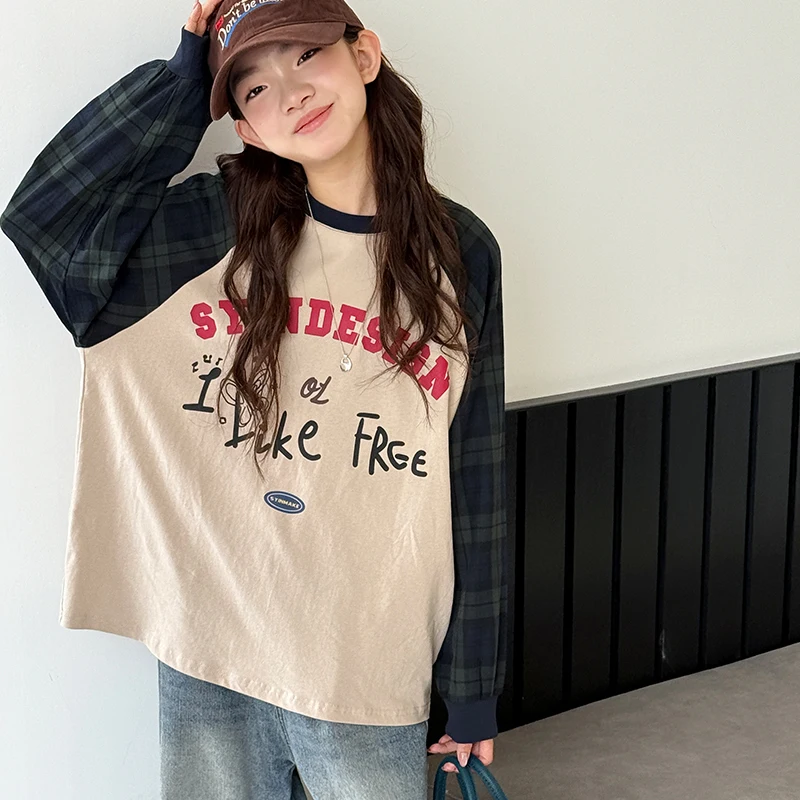 Girl's Long Sleeve T-Shirt 2025 New Fall Kids Raglan Sleeve Top Big Kids Autumn-Winter Plaid Patchwork Base Layer