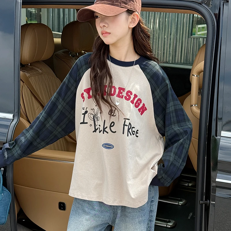 Girl's Long Sleeve T-Shirt 2025 New Fall Kids Raglan Sleeve Top Big Kids Autumn-Winter Plaid Patchwork Base Layer