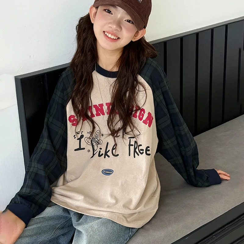 Girl's Long Sleeve T-Shirt 2025 New Fall Kids Raglan Sleeve Top Big Kids Autumn-Winter Plaid Patchwork Base Layer