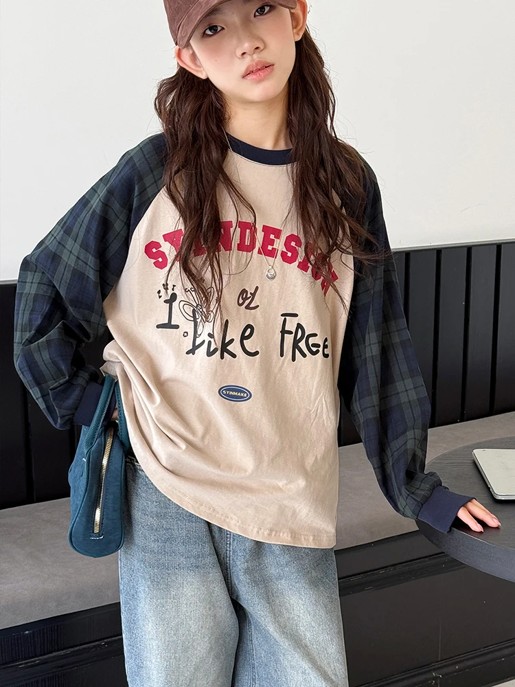 Girl's Long Sleeve T-Shirt 2025 New Fall Kids Raglan Sleeve Top Big Kids Autumn-Winter Plaid Patchwork Base Layer