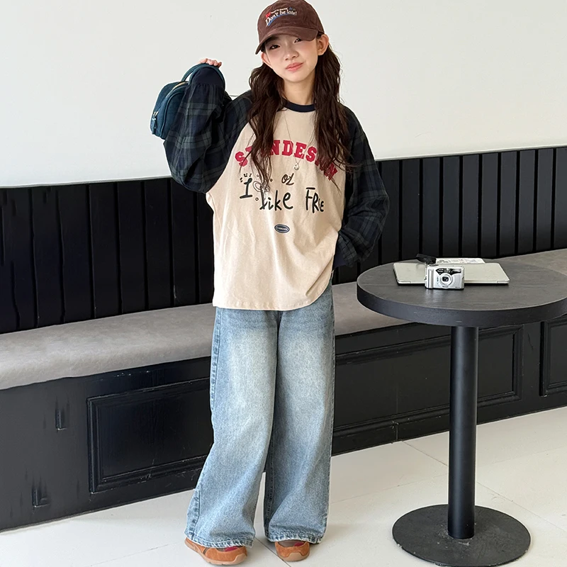 Girl's Long Sleeve T-Shirt 2025 New Fall Kids Raglan Sleeve Top Big Kids Autumn-Winter Plaid Patchwork Base Layer