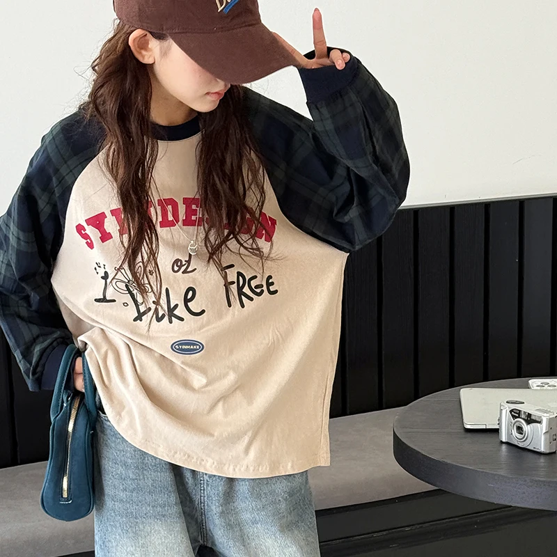 Girl's Long Sleeve T-Shirt 2025 New Fall Kids Raglan Sleeve Top Big Kids Autumn-Winter Plaid Patchwork Base Layer