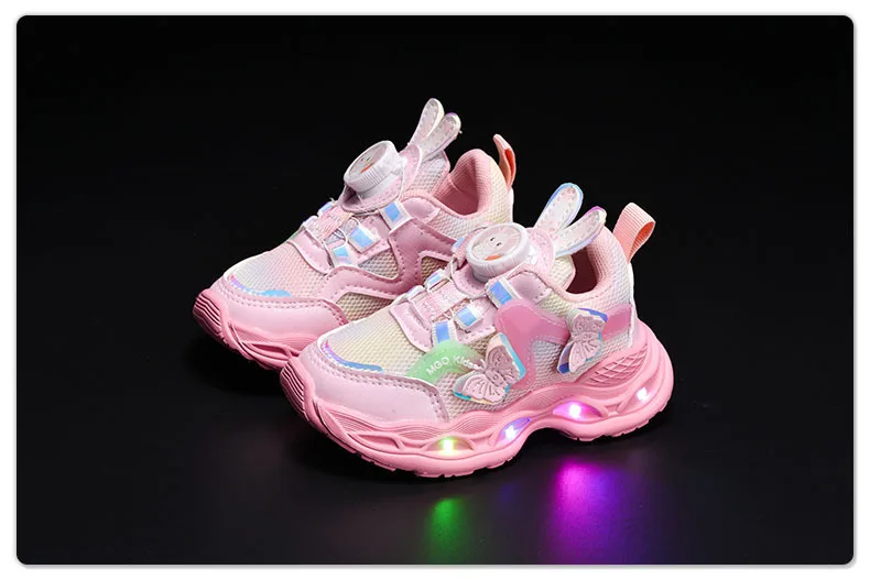 2026 Kids Casual Butterfly Decor Shoes Girls Led Light Cartoon PU Leather Fashion Sport Flat Bottom Shoes Breathable Purple Pink