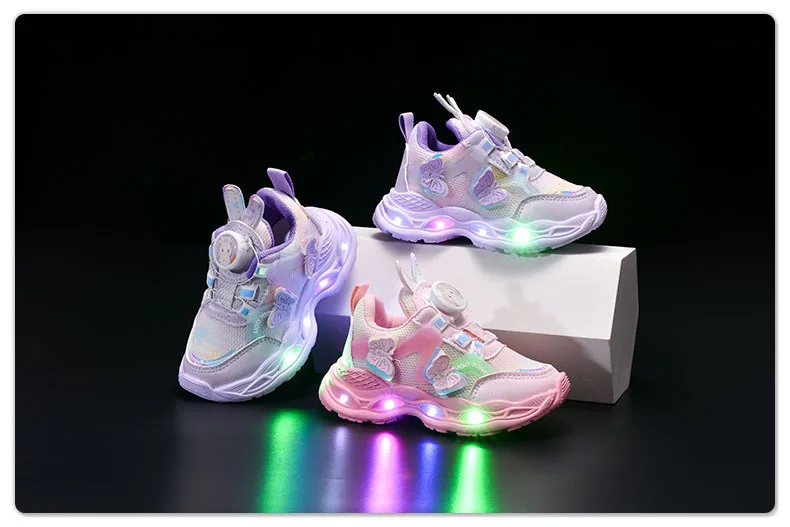 2026 Kids Casual Butterfly Decor Shoes Girls Led Light Cartoon PU Leather Fashion Sport Flat Bottom Shoes Breathable Purple Pink