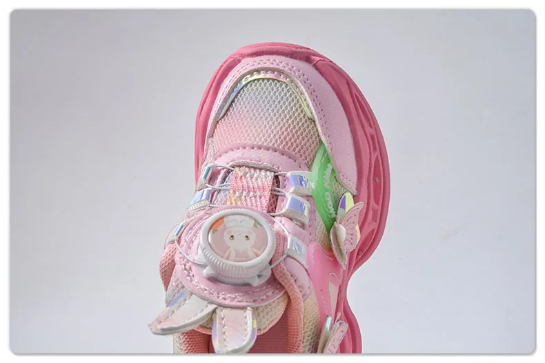 2026 Kids Casual Butterfly Decor Shoes Girls Led Light Cartoon PU Leather Fashion Sport Flat Bottom Shoes Breathable Purple Pink