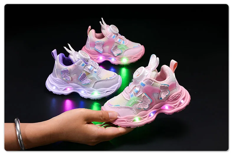 2026 Kids Casual Butterfly Decor Shoes Girls Led Light Cartoon PU Leather Fashion Sport Flat Bottom Shoes Breathable Purple Pink