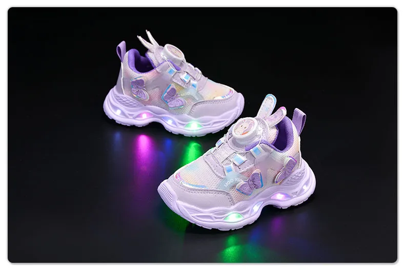 2026 Kids Casual Butterfly Decor Shoes Girls Led Light Cartoon PU Leather Fashion Sport Flat Bottom Shoes Breathable Purple Pink