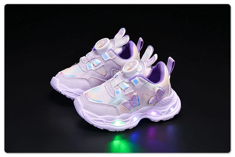 2026 Kids Casual Butterfly Decor Shoes Girls Led Light Cartoon PU Leather Fashion Sport Flat Bottom Shoes Breathable Purple Pink