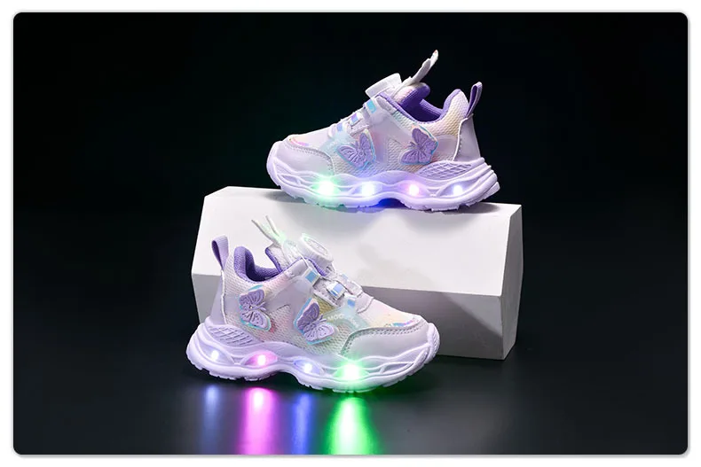 2026 Kids Casual Butterfly Decor Shoes Girls Led Light Cartoon PU Leather Fashion Sport Flat Bottom Shoes Breathable Purple Pink