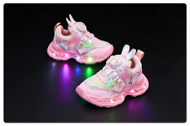 2026 Kids Casual Butterfly Decor Shoes Girls Led Light Cartoon PU Leather Fashion Sport Flat Bottom Shoes Breathable Purple Pink