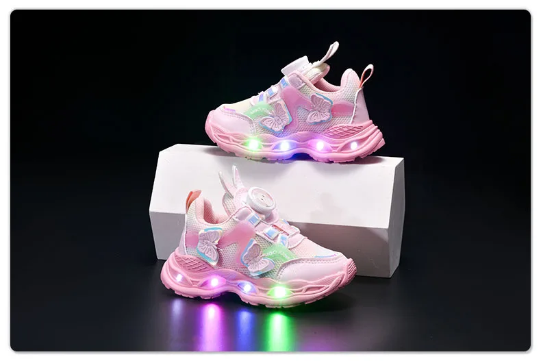 2026 Kids Casual Butterfly Decor Shoes Girls Led Light Cartoon PU Leather Fashion Sport Flat Bottom Shoes Breathable Purple Pink