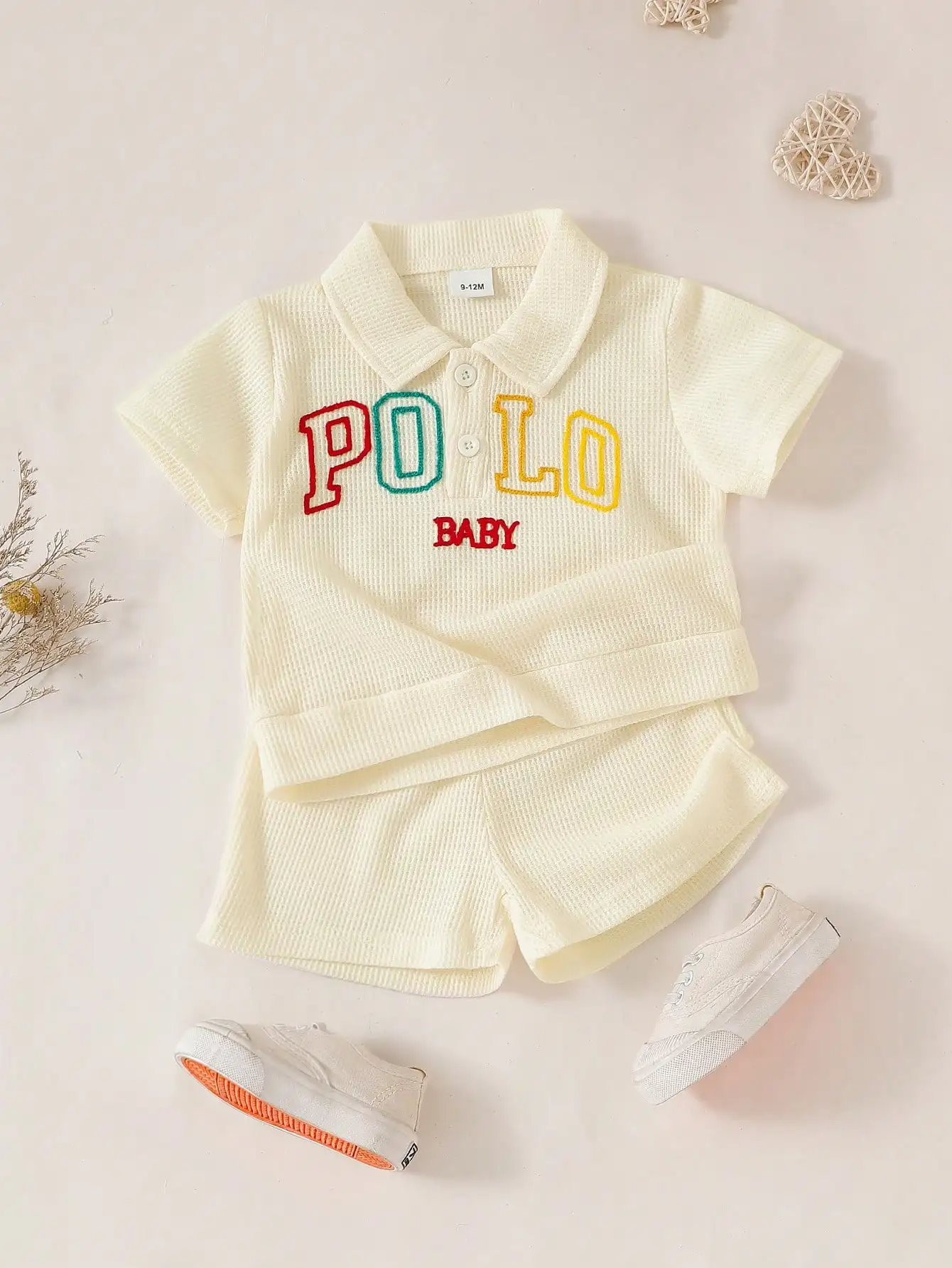 Baby Boys Two-Piece Set Embroidered Long-Sleeved Polos with Colorful Letters Waffle Shorts College-Style Spring Summer Outfit