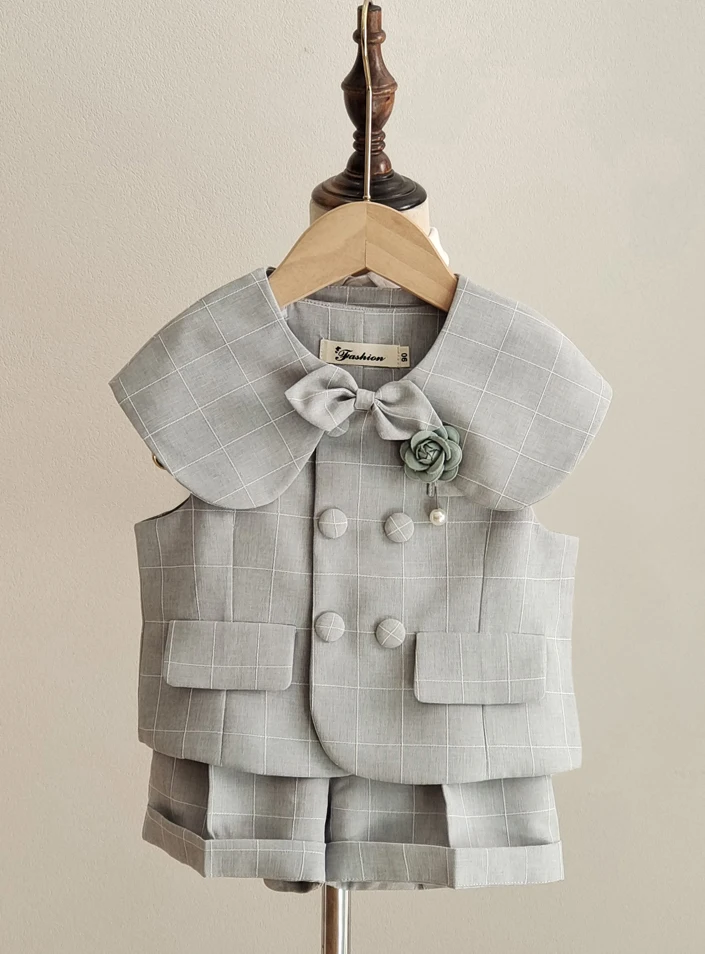 Gray Plaid Toddler Boy Gentleman Suit White Shirt Summer Thin Linen Vest Shorts Bow Tie Kids Wedding Baptism Formal Costume Set