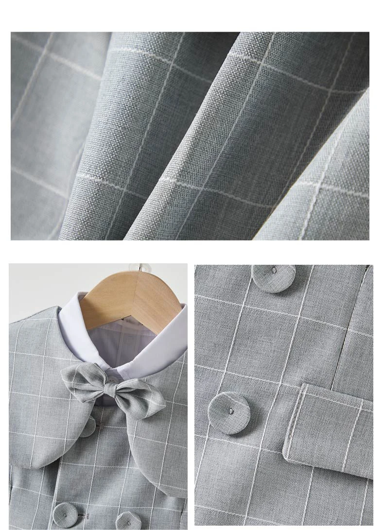 Gray Plaid Toddler Boy Gentleman Suit White Shirt Summer Thin Linen Vest Shorts Bow Tie Kids Wedding Baptism Formal Costume Set