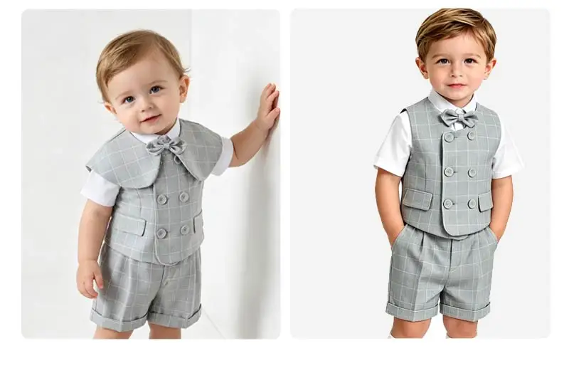 Gray Plaid Toddler Boy Gentleman Suit White Shirt Summer Thin Linen Vest Shorts Bow Tie Kids Wedding Baptism Formal Costume Set
