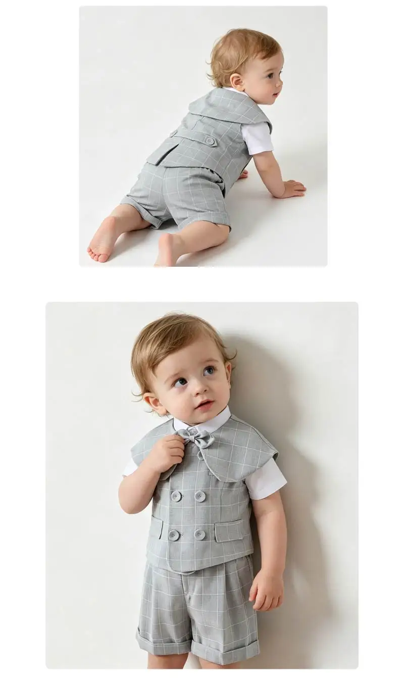 Gray Plaid Toddler Boy Gentleman Suit White Shirt Summer Thin Linen Vest Shorts Bow Tie Kids Wedding Baptism Formal Costume Set