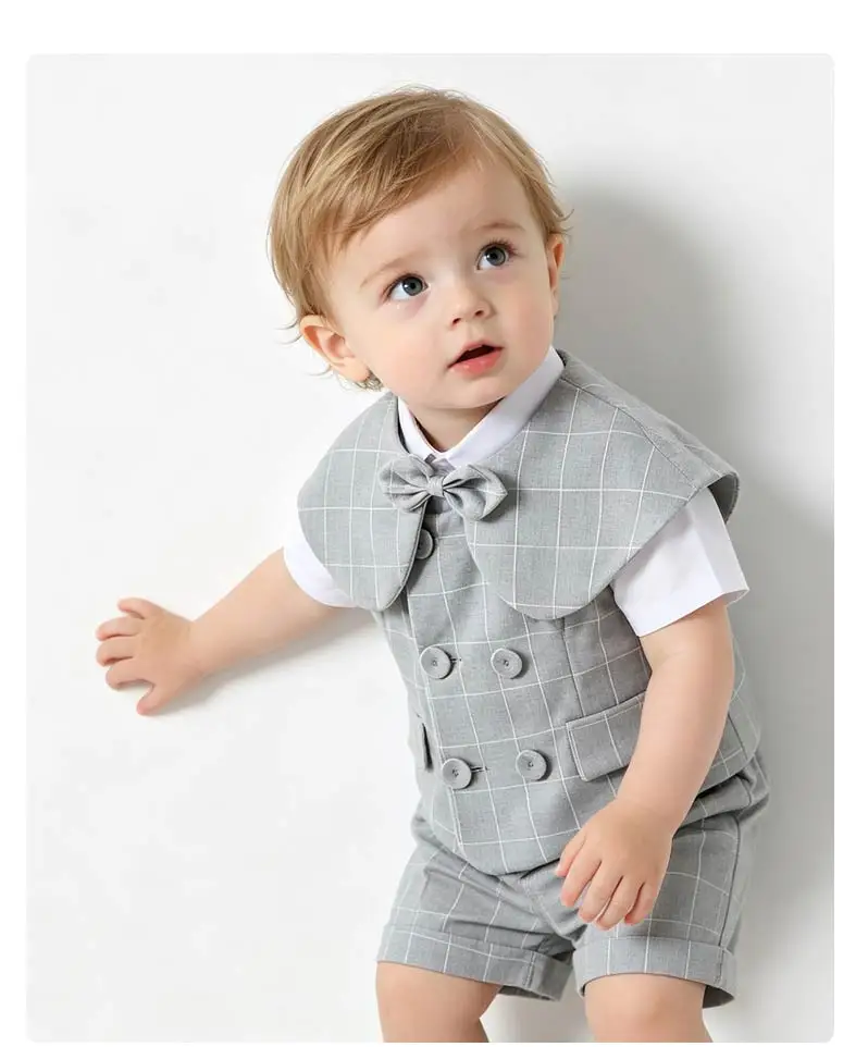 Gray Plaid Toddler Boy Gentleman Suit White Shirt Summer Thin Linen Vest Shorts Bow Tie Kids Wedding Baptism Formal Costume Set
