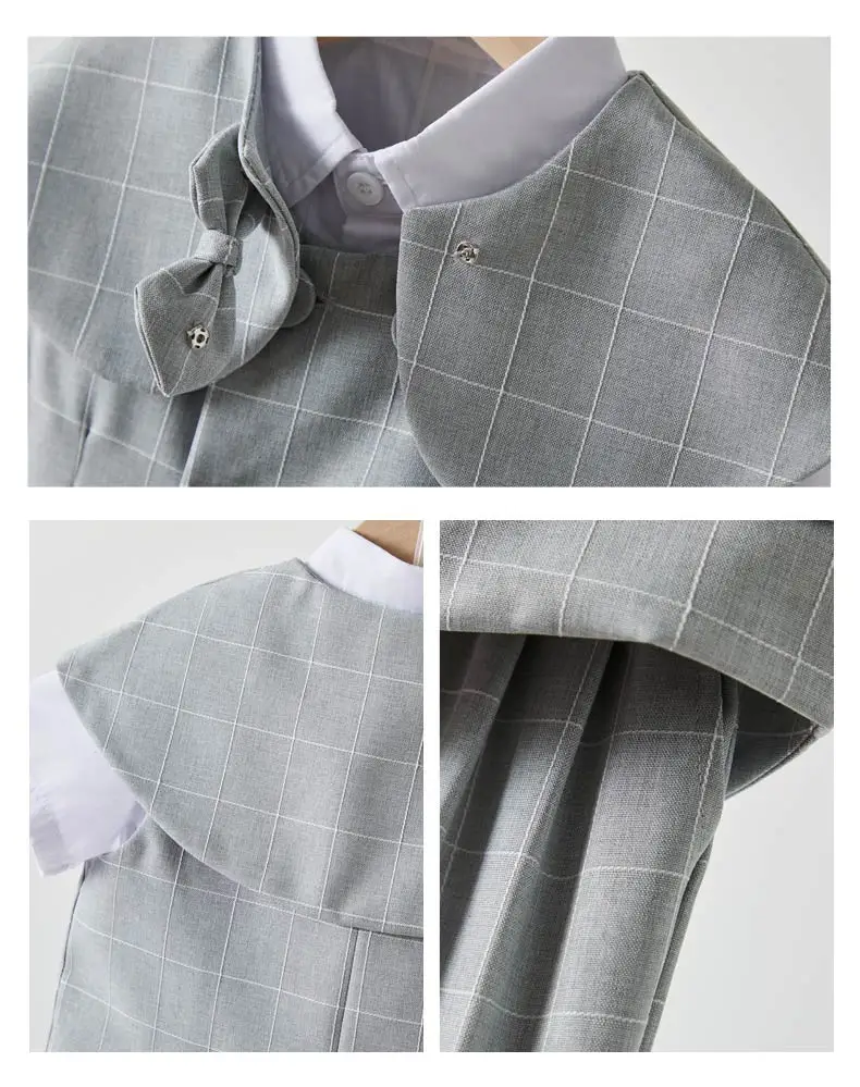 Gray Plaid Toddler Boy Gentleman Suit White Shirt Summer Thin Linen Vest Shorts Bow Tie Kids Wedding Baptism Formal Costume Set