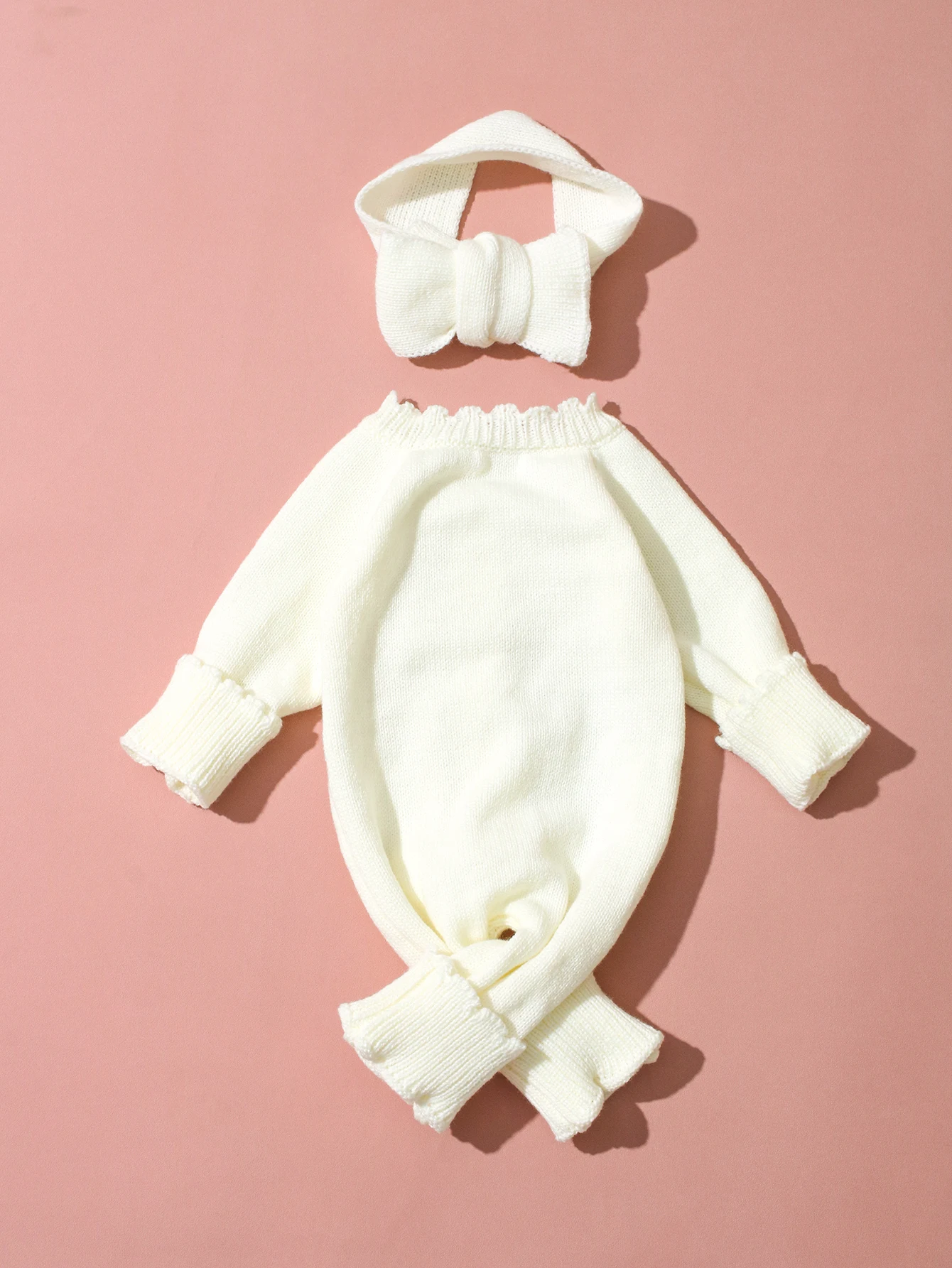 Ylsteed 2Pcs Newborn Knitted Outfit With Bow Headband, Welcome Embroidered Baby Romper For Photo Shoot & Daily Wear 0-3M