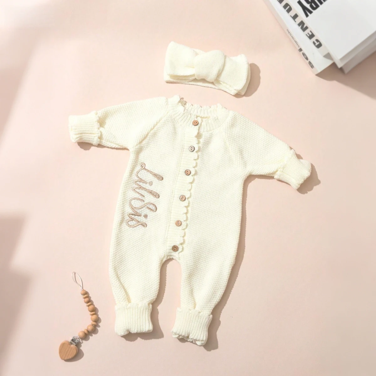 Ylsteed 2Pcs Newborn Knitted Outfit With Bow Headband, Welcome Embroidered Baby Romper For Photo Shoot & Daily Wear 0-3M
