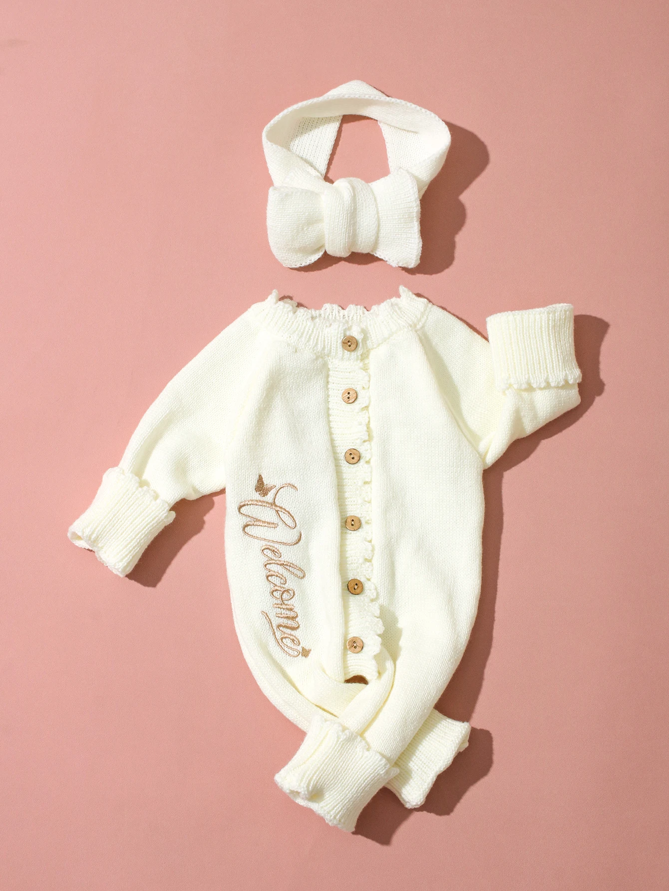 Ylsteed 2Pcs Newborn Knitted Outfit With Bow Headband, Welcome Embroidered Baby Romper For Photo Shoot & Daily Wear 0-3M